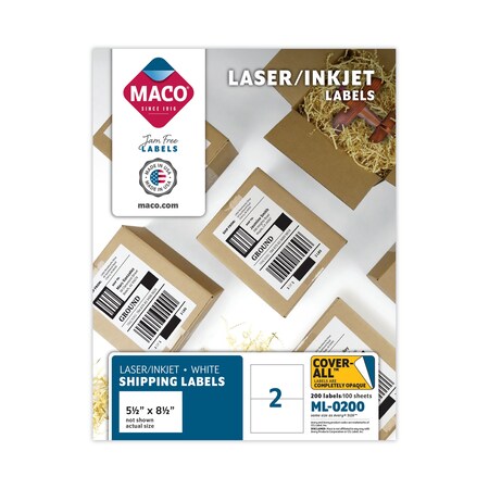 Maco White Laser/Inkjet Internet Shipping Labels, 5.5 x 8.5, White, PK200 MML-0200